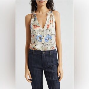 Cinq a Sept Jessie Sleeveless Floral Silk V-Neck Top Women Size XS Blue/Gray